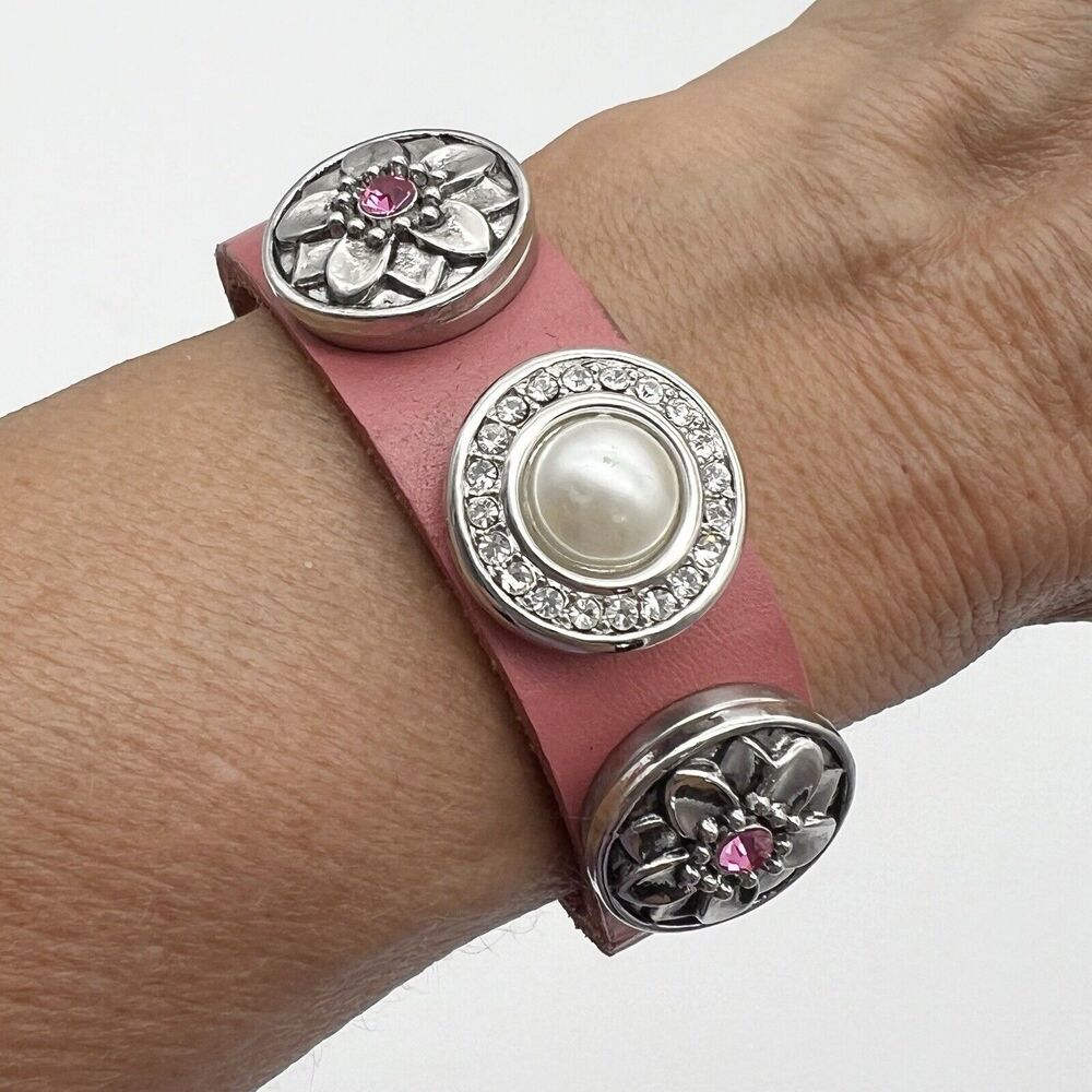 Pink Leather Floral Rhinestone Faux Pearl Silver Tone Charms Wide Band Bracelet